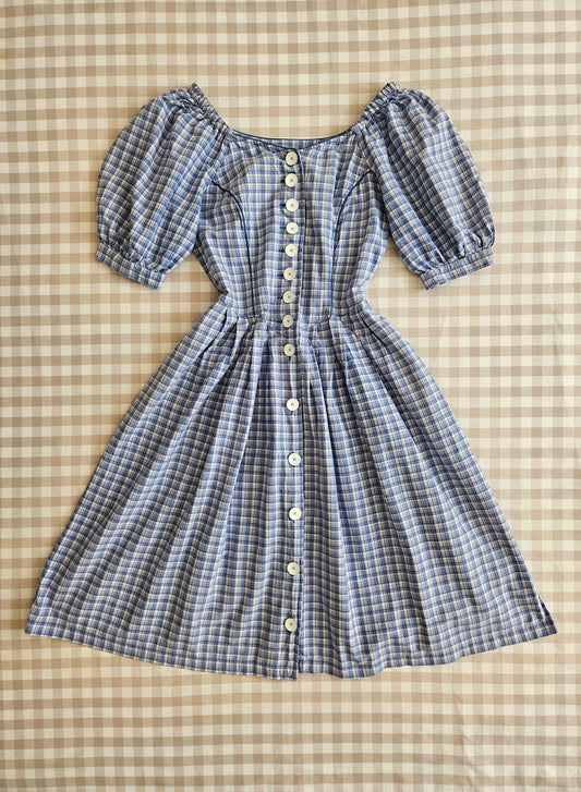 Robe longue bleue à carreaux cottagecore - M/L