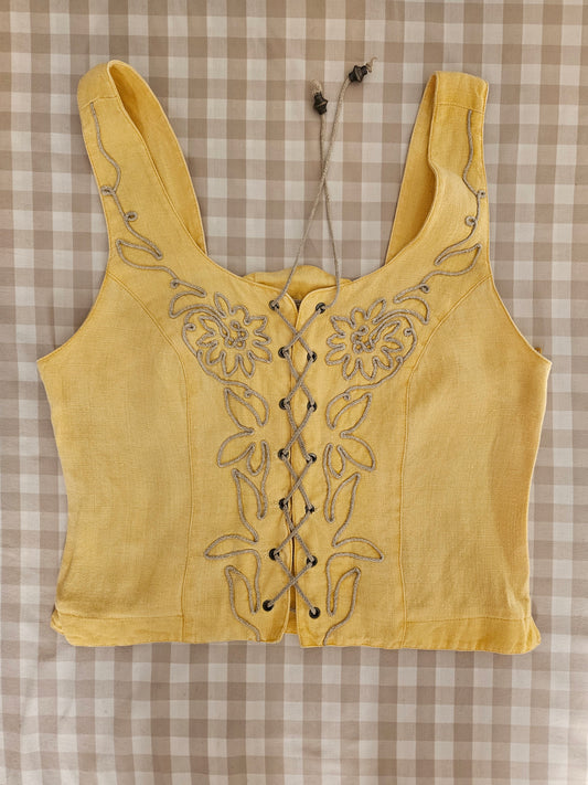 Haut corset à lacets en lin brodé - L/XL