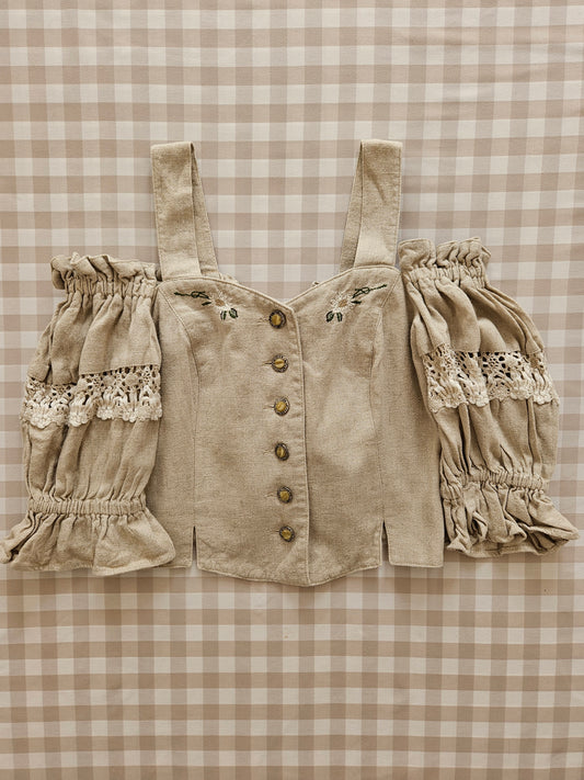 Top en lin beige brodé - S/M