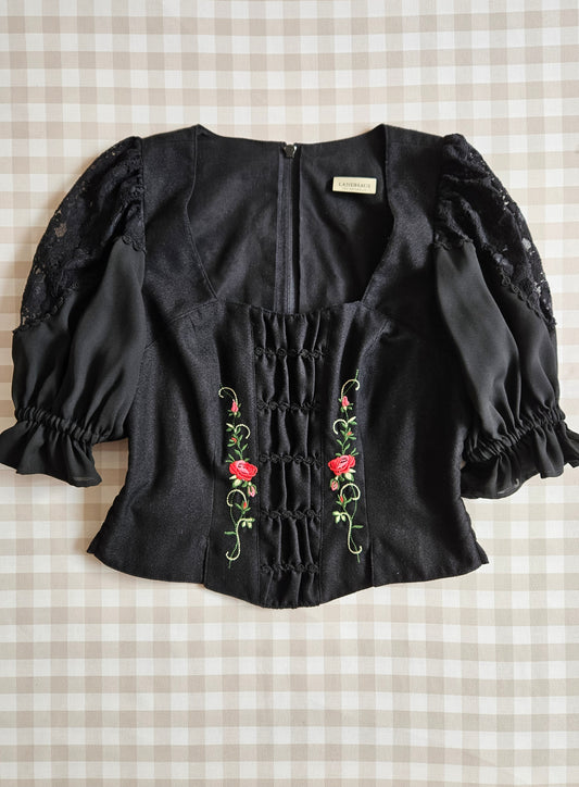 Top noir brodé fleurs - M/L