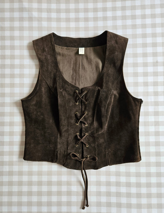 Corset en cuir à lacets marron vintage - M/L