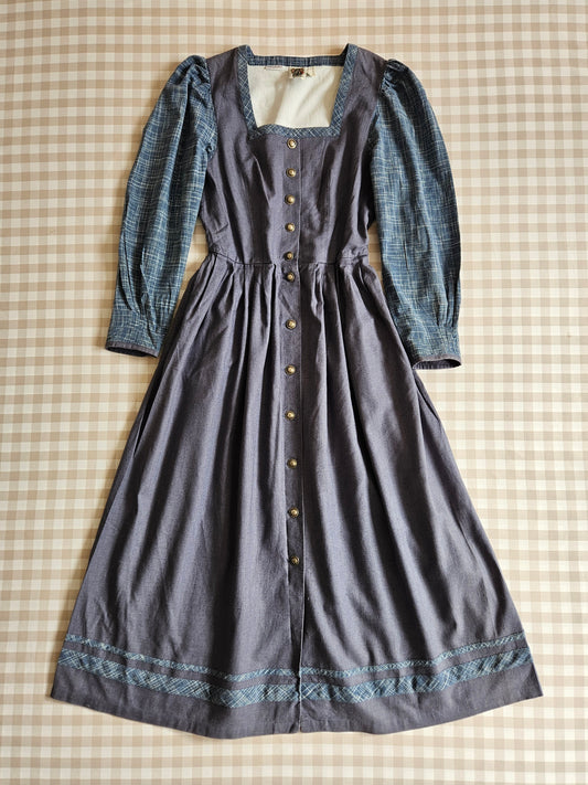 Robe vintage bleue en lin cottagecore - M