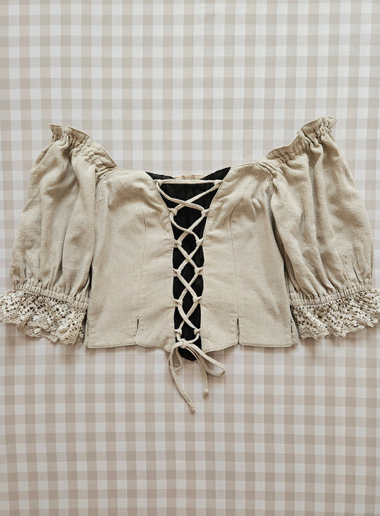 Top corset à lacets vintage en lin et cuir - M