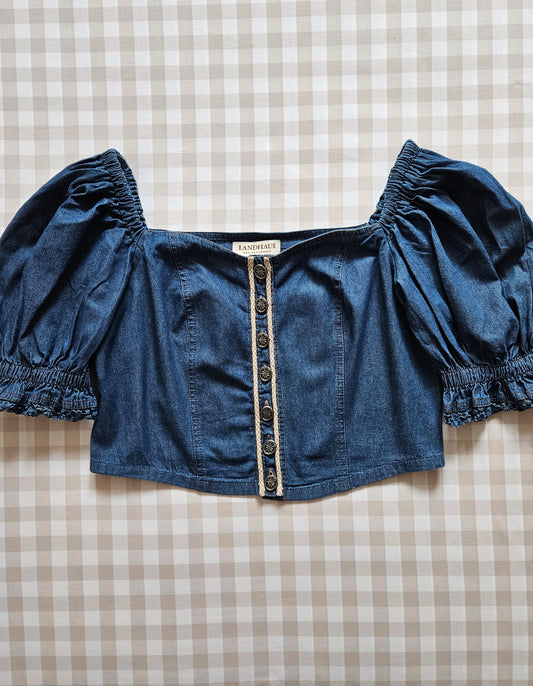 Top court bleu en coton vintage - L