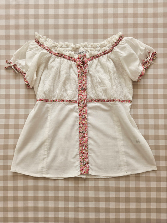 Top blanc/rose fleuris cottagecore - XS