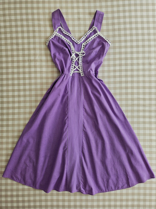 Robe cottagecore vintage violette à pois en coton - XS/S