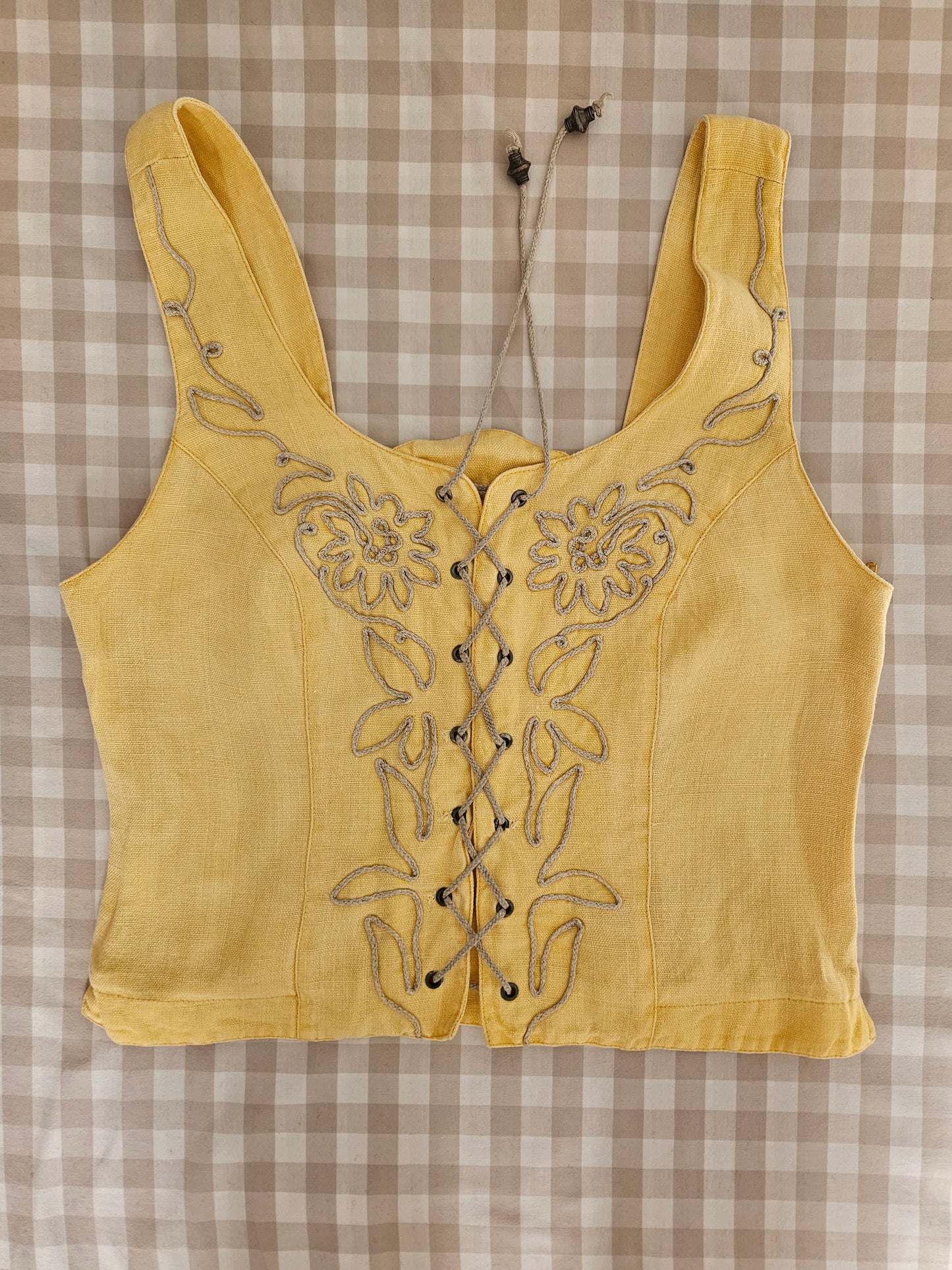 Haut corset à lacets en lin brodé - L/XL