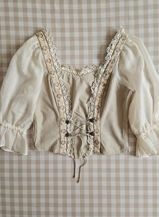 Haut corset à lacets en lin beige vintage - L