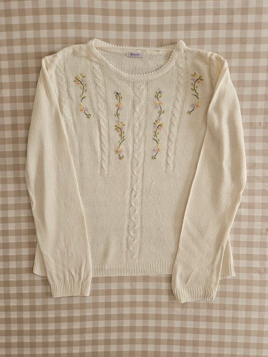 Pull fin brodé fleurs vintage - M