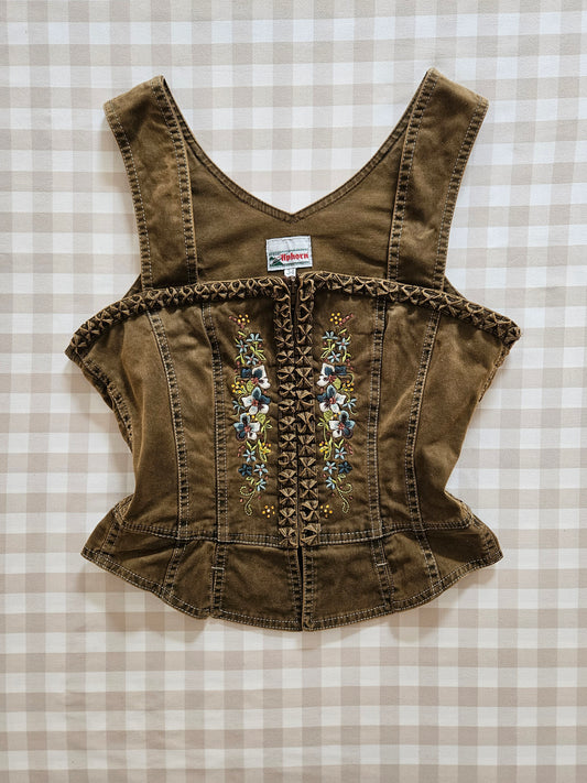 Top marron en jean brodé - XS/S