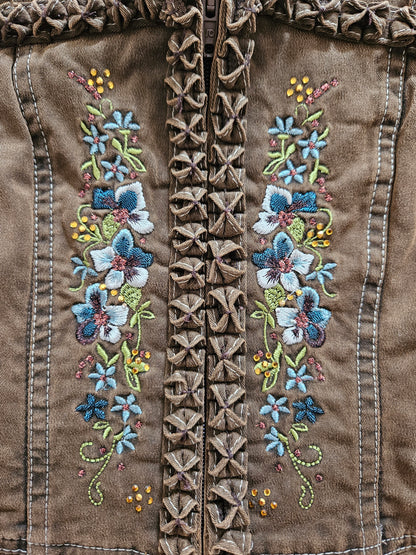 Top marron en jean brodé - XS/S