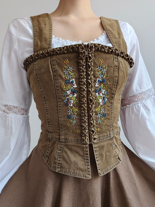 Top marron en jean brodé - XS/S