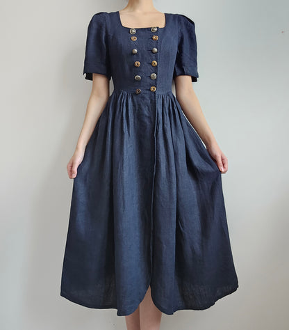 Robe longue bleue en lin - M