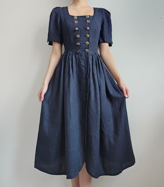 Robe longue bleue en lin - M