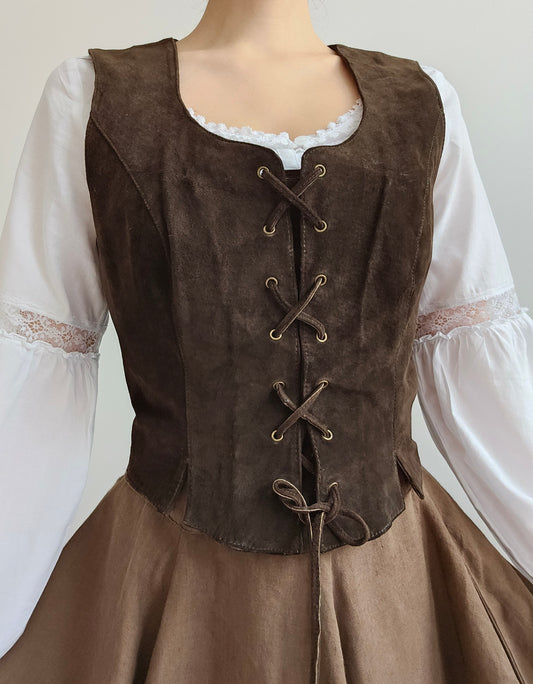 Corset en cuir à lacets marron vintage - M/L