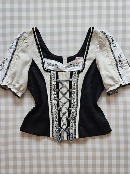 Top en lin à lacets brodé vintage - S