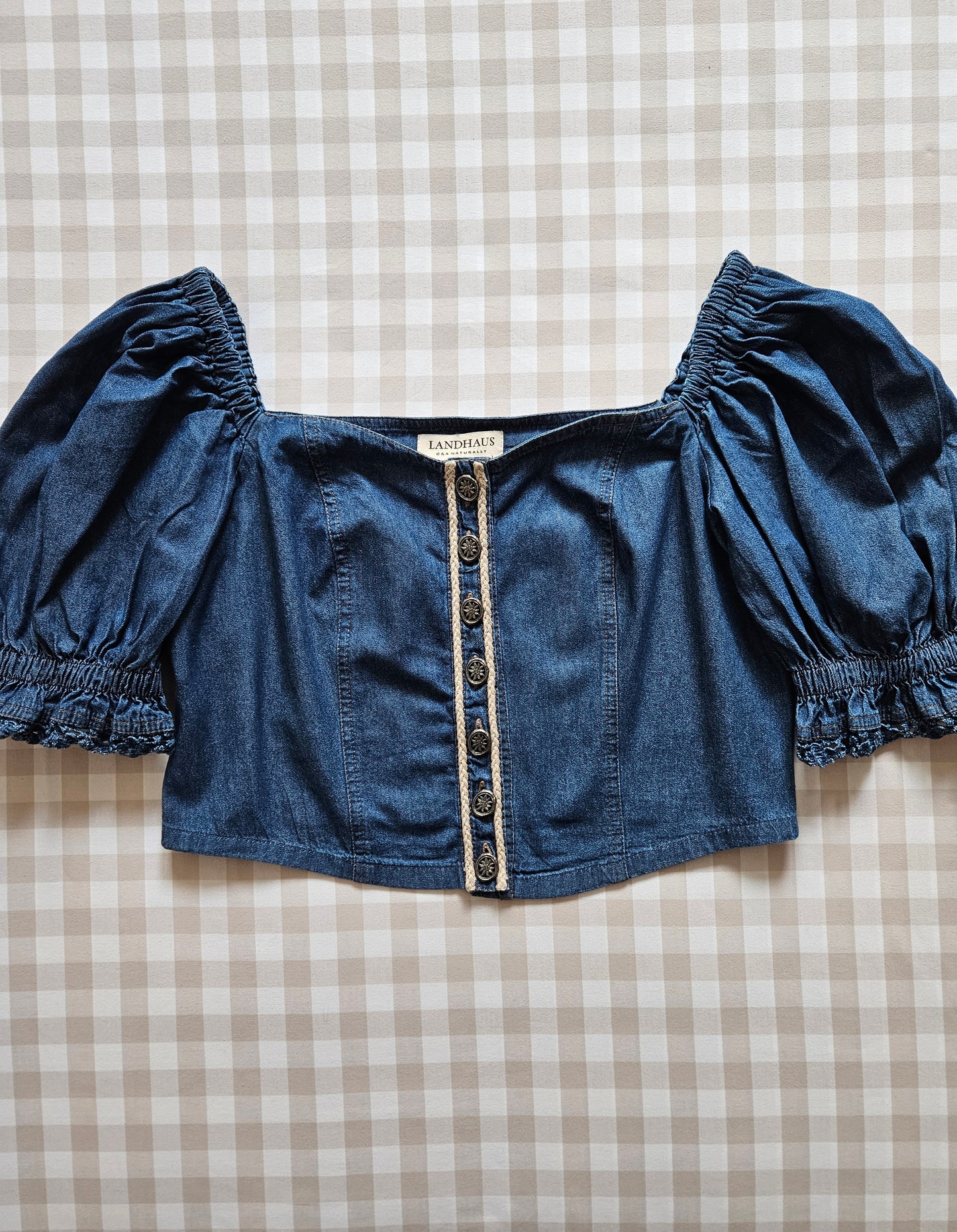 Top court bleu en coton vintage - L