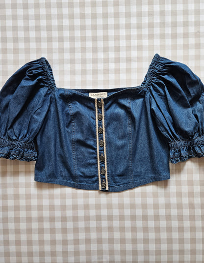 Top court bleu en coton vintage - L