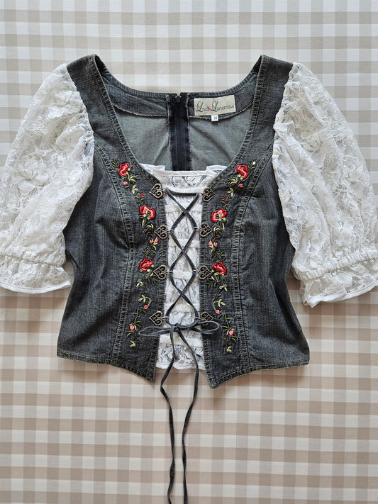 Top corset à lacets brodé en jean vintage - M