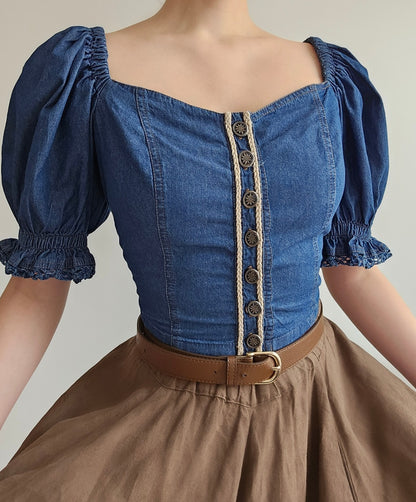 Top court bleu en coton vintage - L