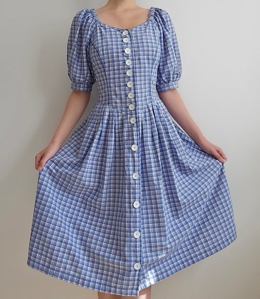 Robe longue bleue à carreaux cottagecore - M/L