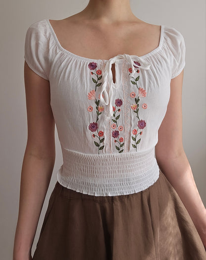 Top court brodé fleurs - XS