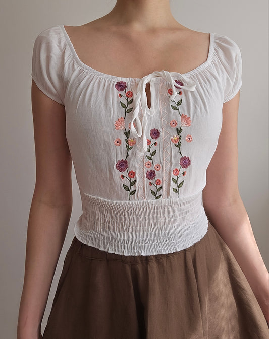 Top court brodé fleurs - XS