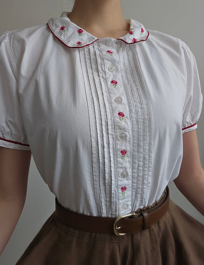 Chemisier brodé fleurs col claudine - M