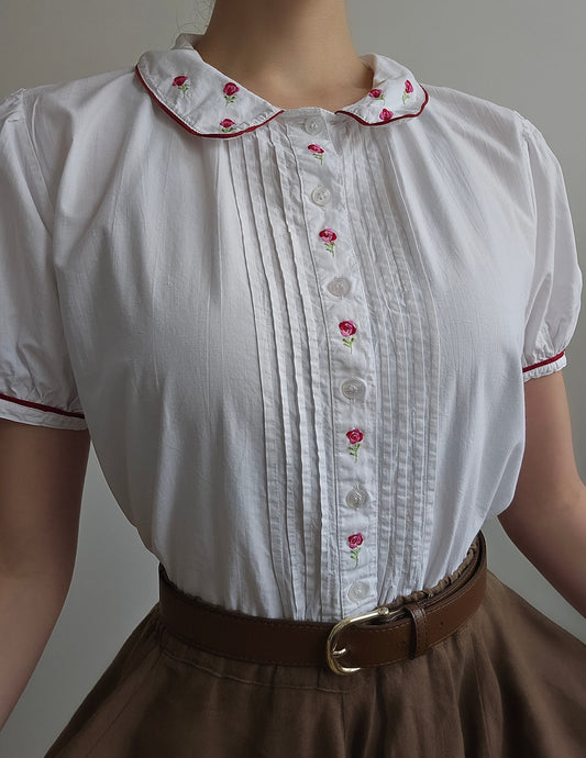 Chemisier brodé fleurs col claudine - M