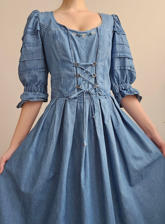 Robe longue en jean brodé cottagecore - M/L