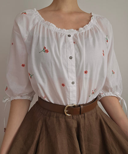 Blouse blanche fleurie en coton - M