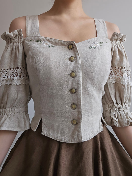 Top en lin beige brodé - S/M