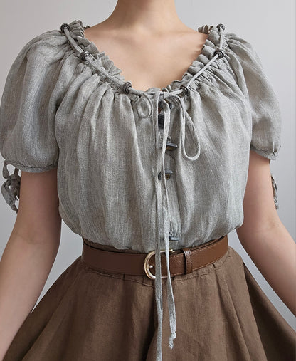 Haut en lin gris à laçage vintage style medieval - M