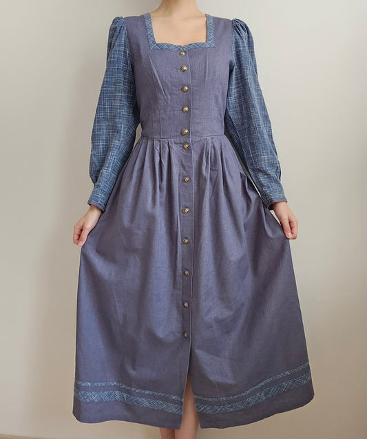Robe vintage bleue en lin cottagecore - M