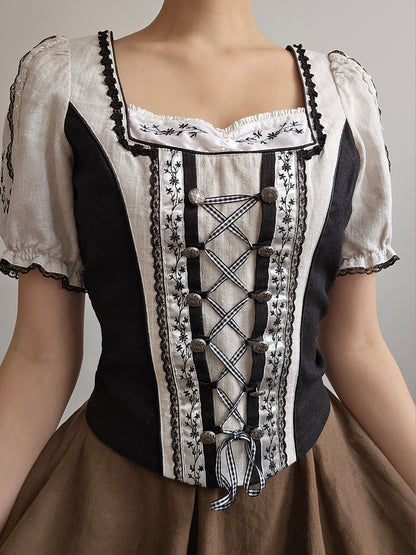 Top en lin à lacets brodé vintage - S