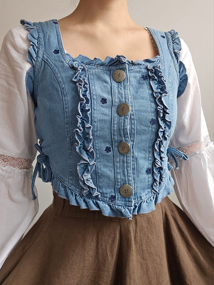 Top court en jean brodé vintage - XS