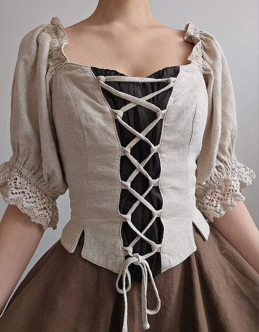 Top corset à lacets vintage en lin et cuir - M