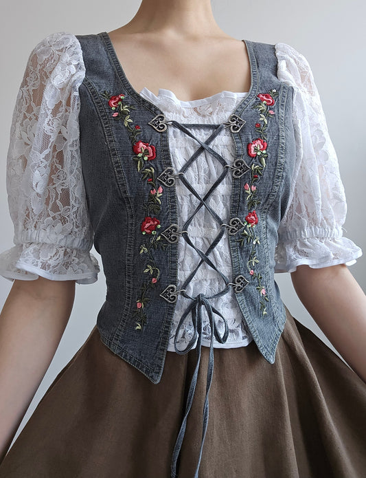 Top corset à lacets brodé en jean vintage - M