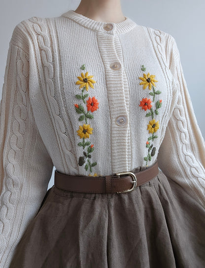 Cardigan beige brodé fleurs - S/M