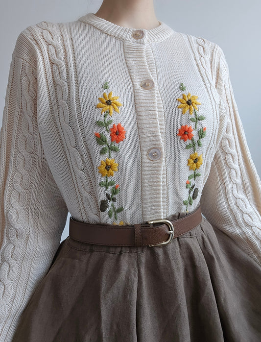 Cardigan beige brodé fleurs - S/M