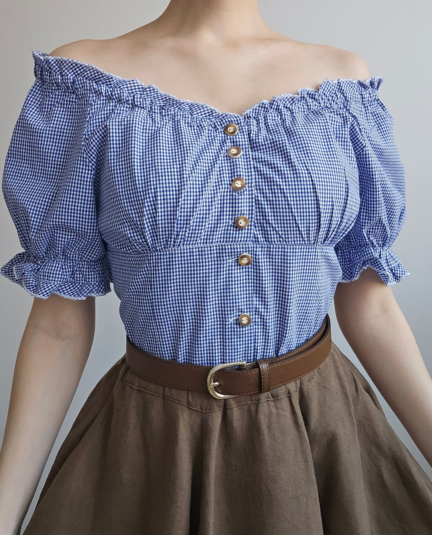 Vintage navy blue gingham blouse - M