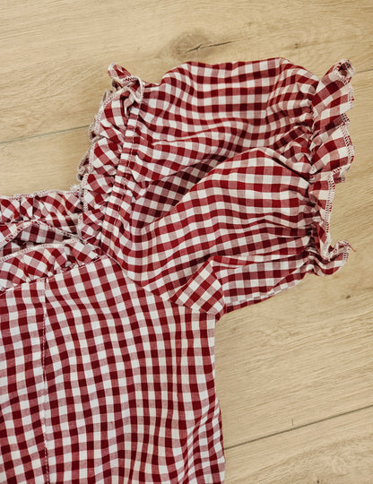 Cottagecore burgundy gingham cotton blouse - L