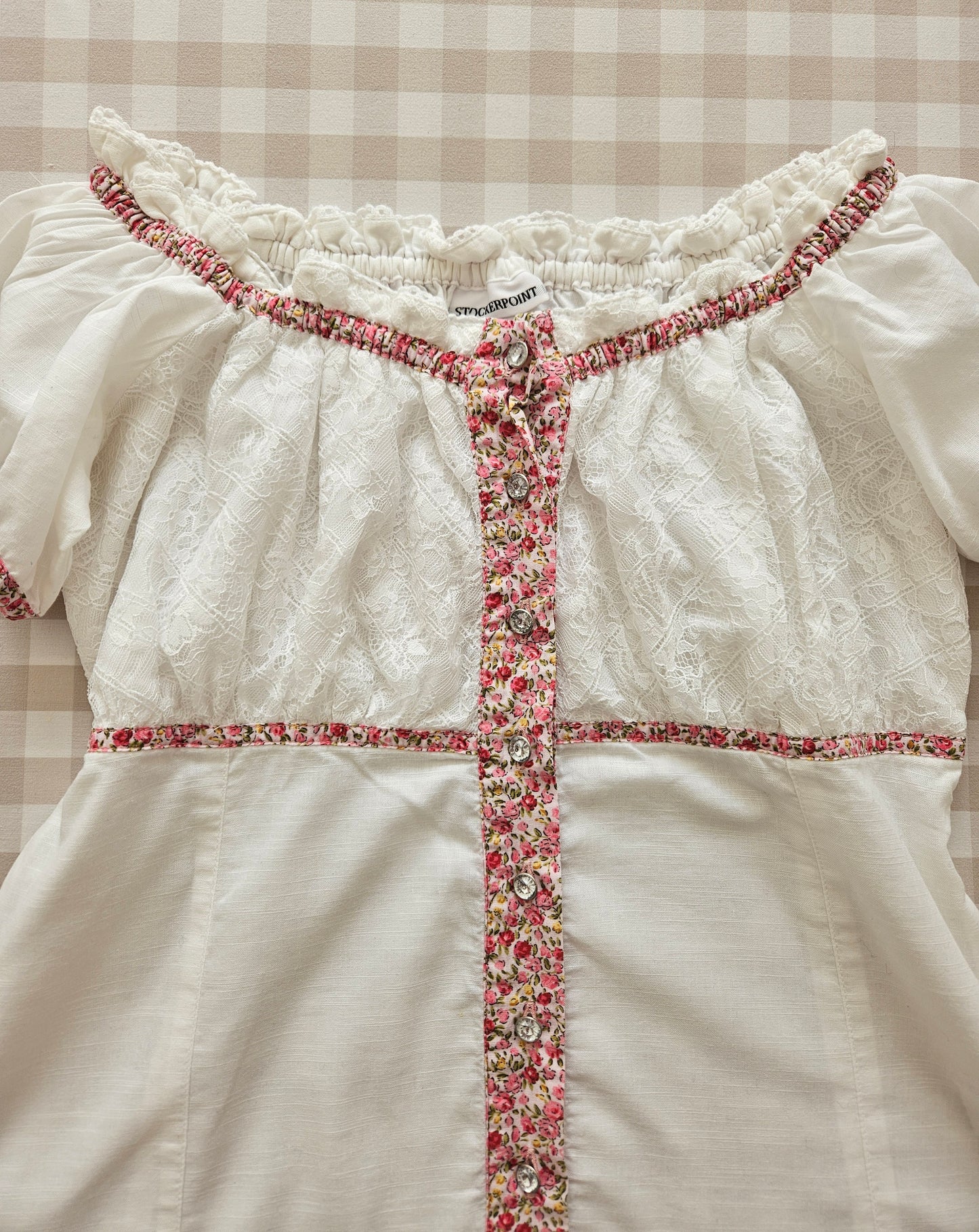 White/pink floral cottagecore top - XS