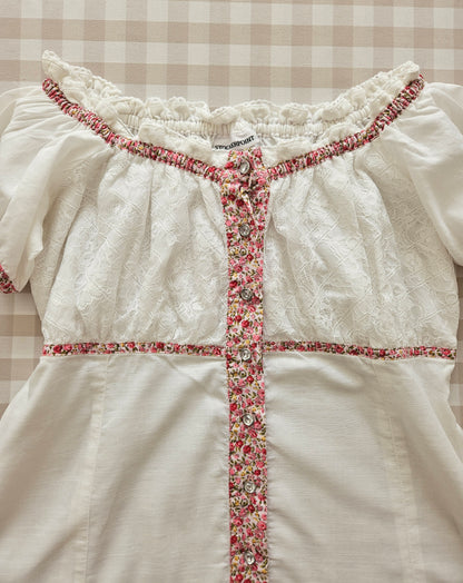 White/pink floral cottagecore top - XS