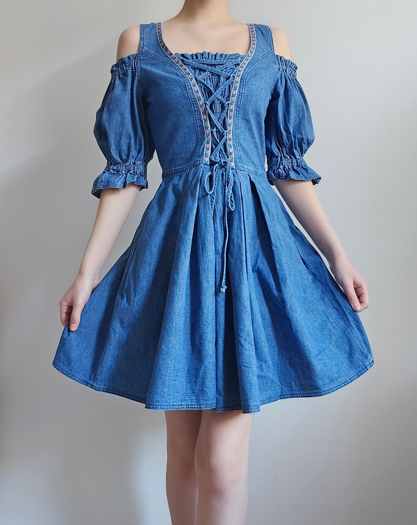Robe à lacets en jean vintage cottagecore - S