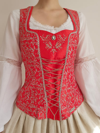 Red embroidered corset top, Regency/Bridgerton style - S