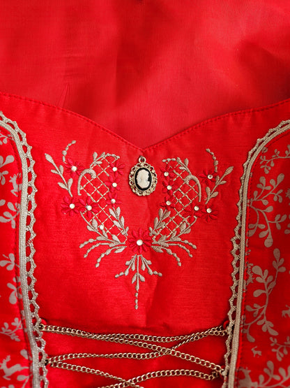 Red embroidered corset top, Regency/Bridgerton style - S