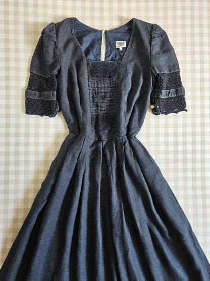 Navy Blue Vintage Linen Maxi Dress - XL