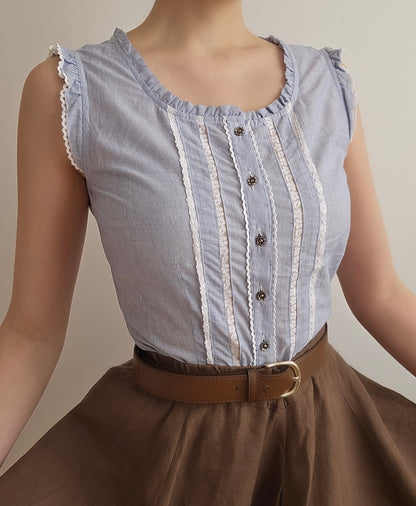 Top cottagecore rayé bleu ciel vintage - XS