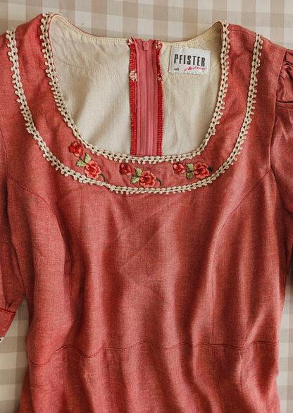 Vintage embroidered linen Regency/Bridgerton style dress - M